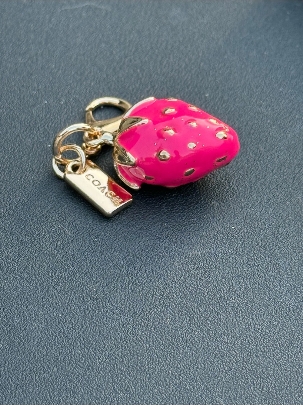 COACH Hot Pink Strawberry Enamel Key Charm with Gold Hardware